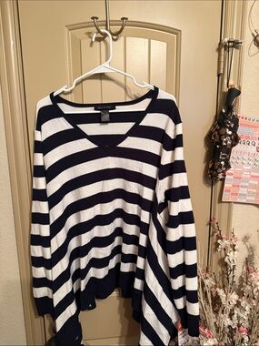 Ashley Stewart Navy and White Striped V-Neck Sweater